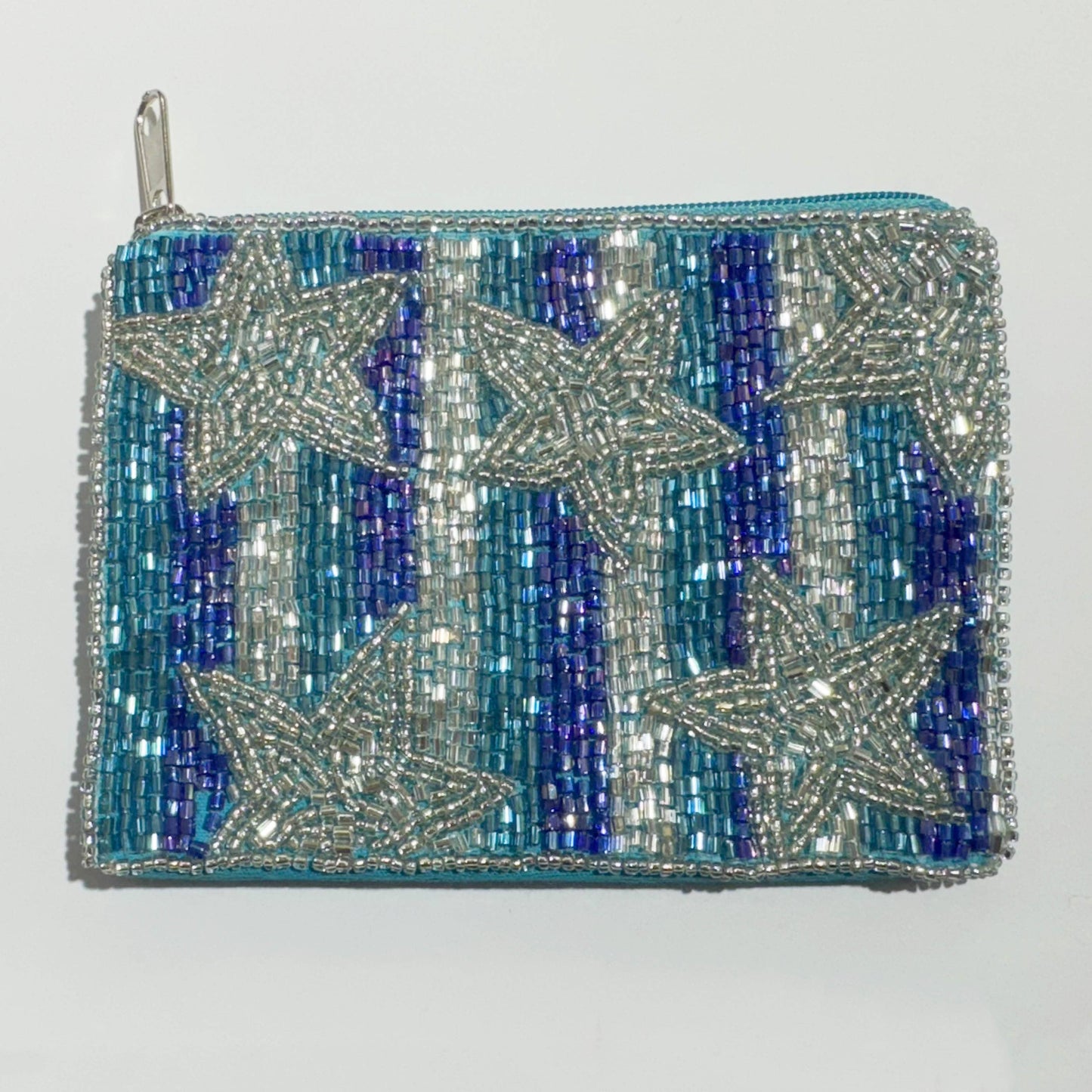 Blue Silver Stars Mini Beaded Coin Purse