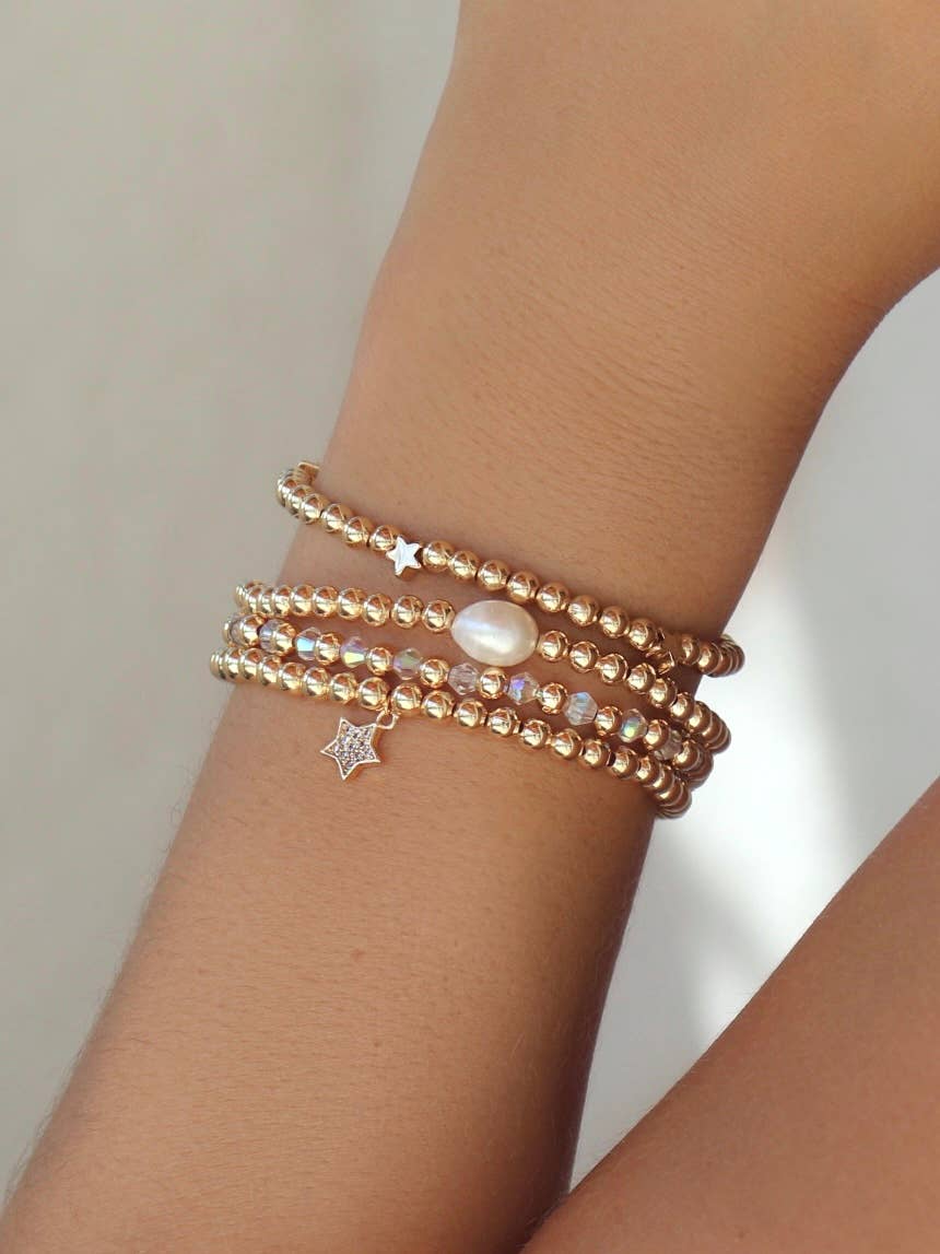 Anna Handmade Stretchy Gold Bead Bracelet Freshwater Pearl