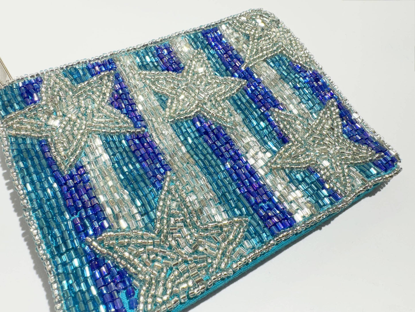 Blue Silver Stars Mini Beaded Coin Purse