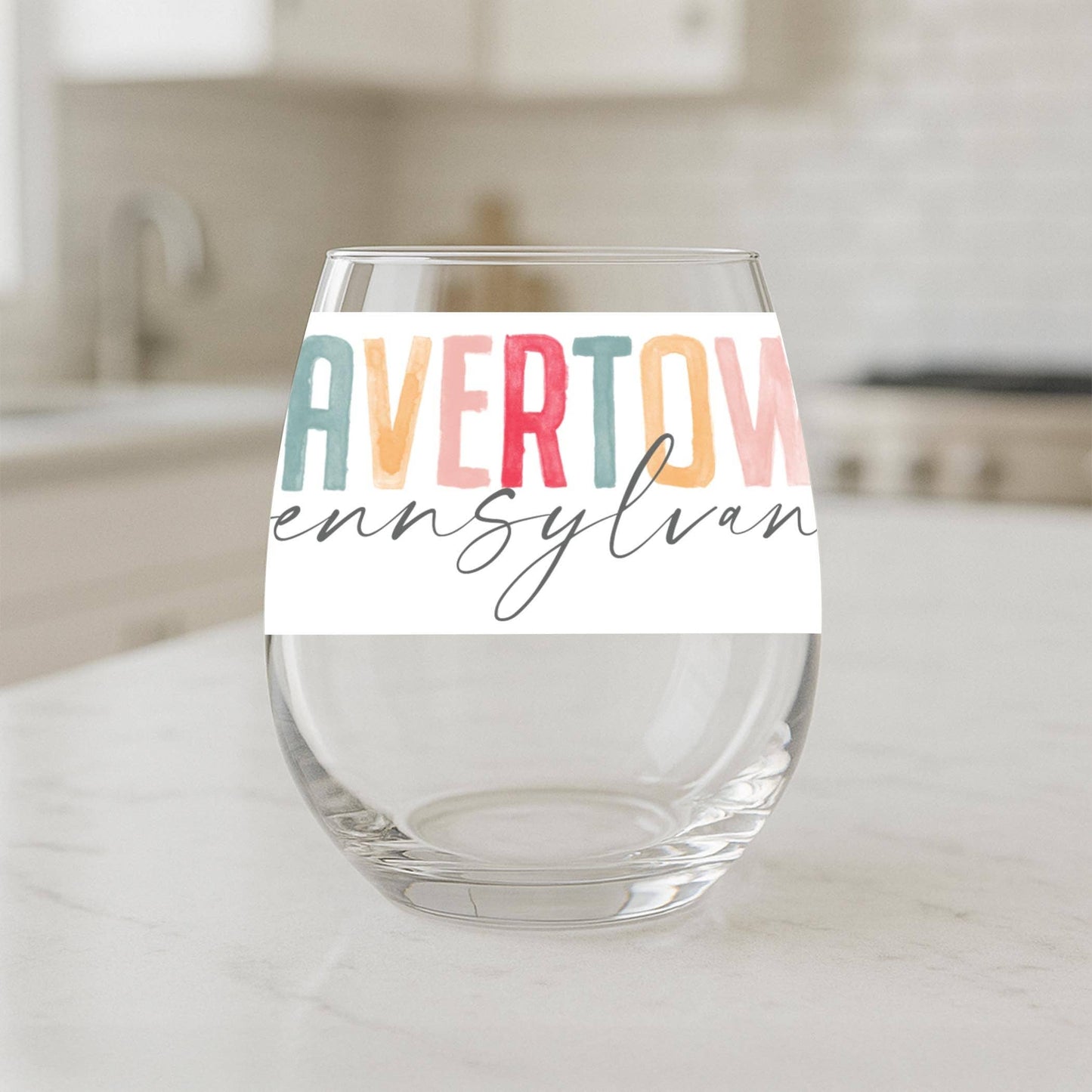 15oz Stemless Wine Glass-Watercolor City Havertown Pennsylvania
