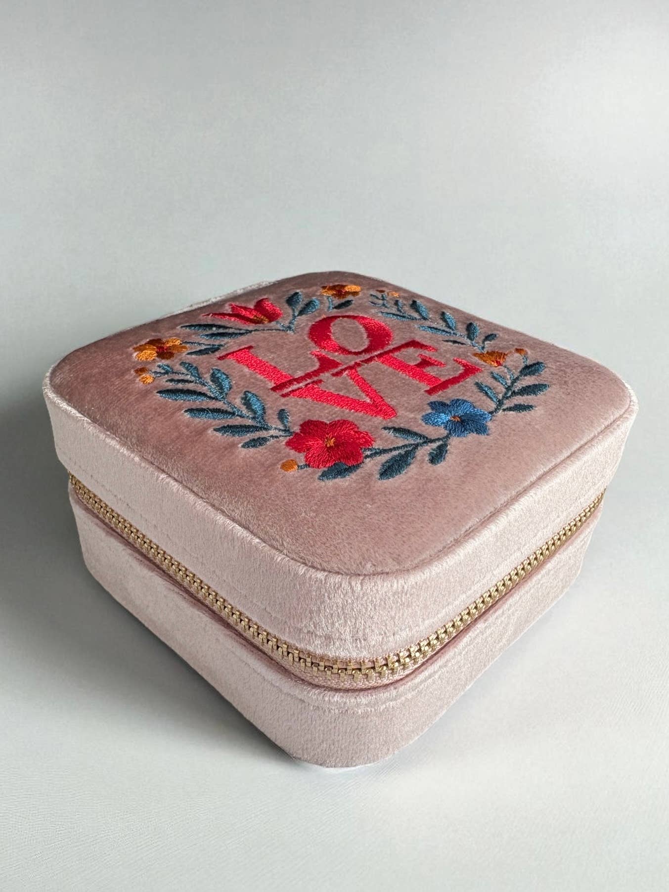 Love Embroidered Velvet Jewelry Travel Case Box