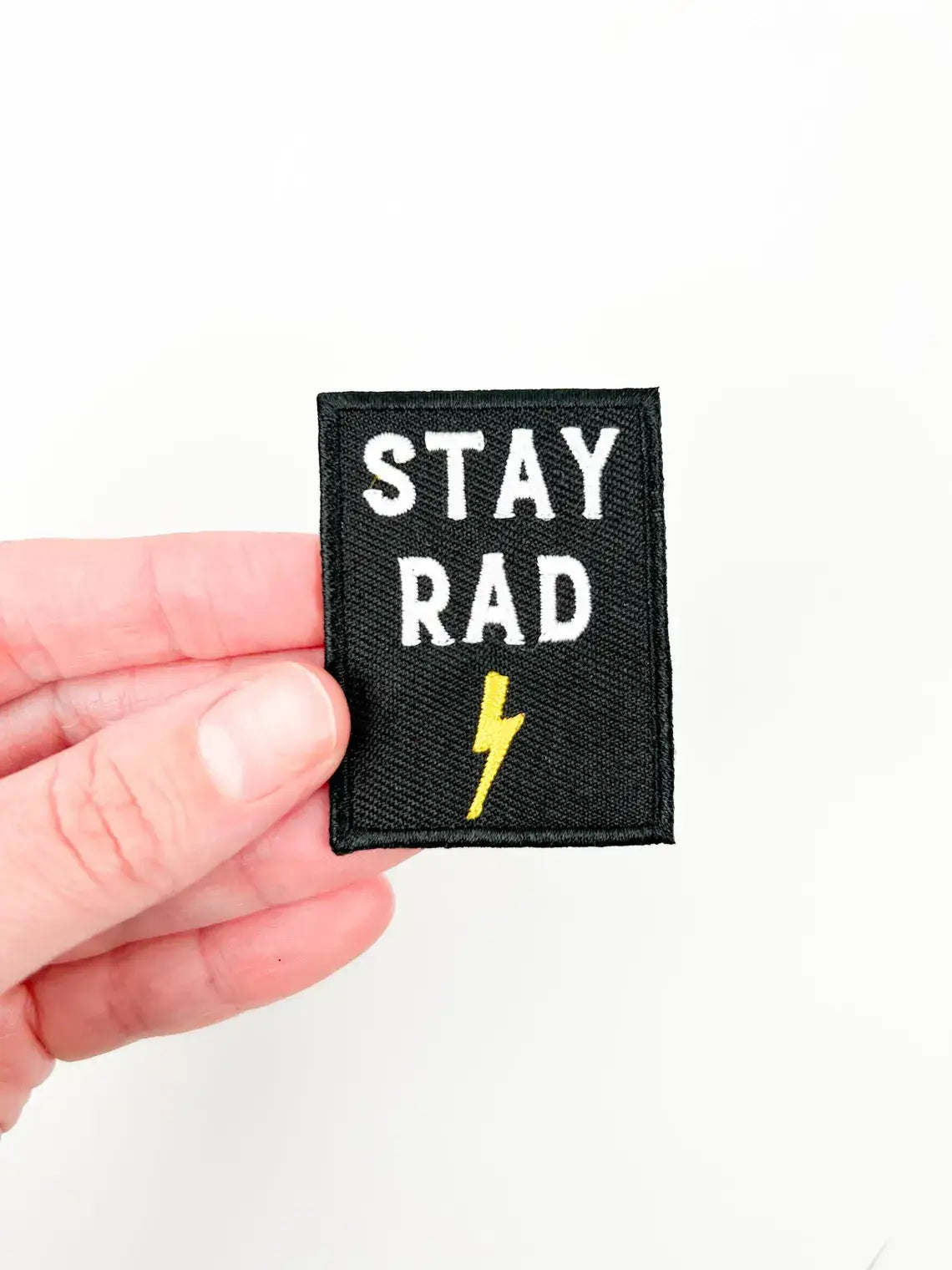 Stay Rad Embroidered Iron-On Patch with Lightning Bolt Black