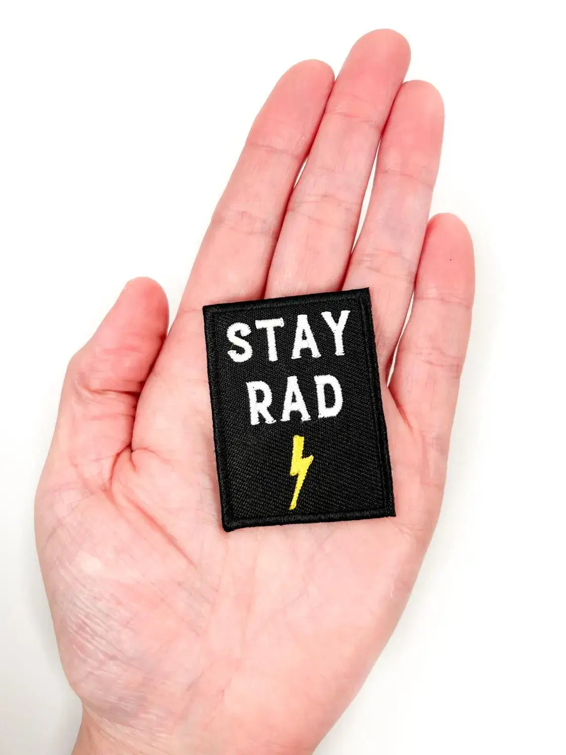 Stay Rad Embroidered Iron-On Patch with Lightning Bolt Black