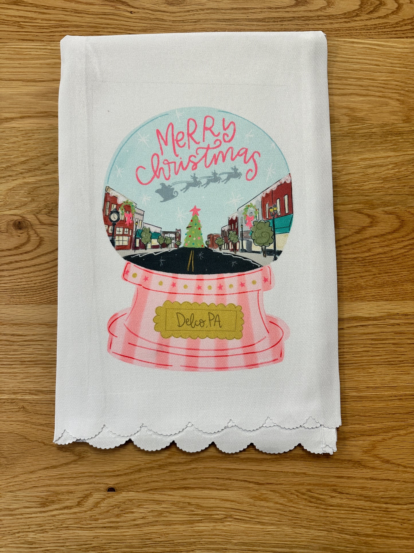 Delco Pink Snow Globe Scalloped Tea Towel
