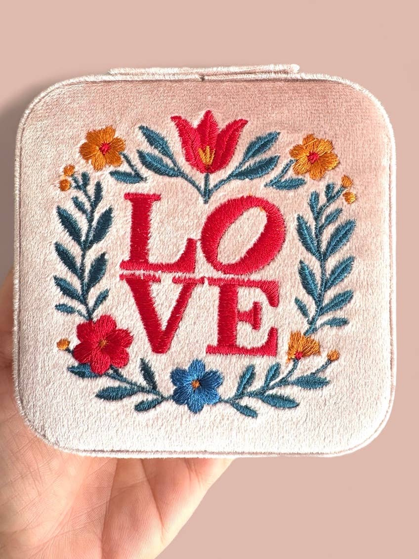 Love Embroidered Velvet Jewelry Travel Case Box