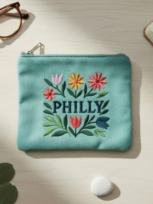 Philly Embroidered Floral Mint Pouch Jewelry Storage Wallet