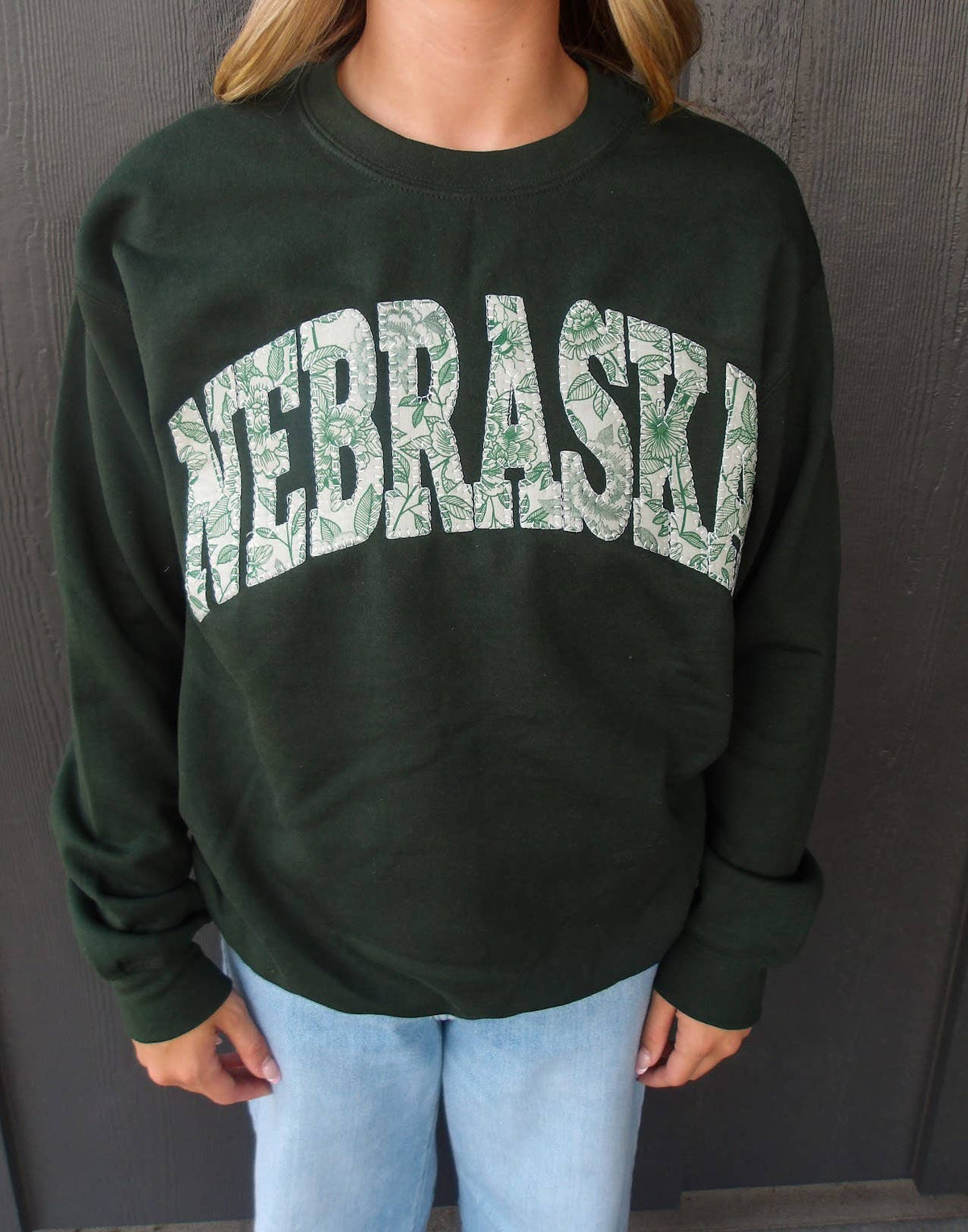 GREEN FLORAL FALL NEBRASKA - FOREST GREEN CREW