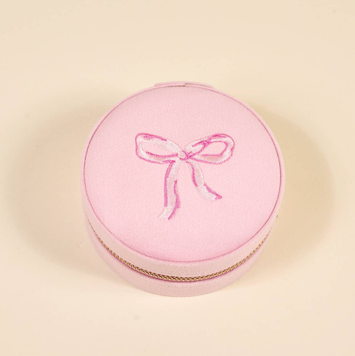 Round Velvet Jewelry Case–Bow Pink