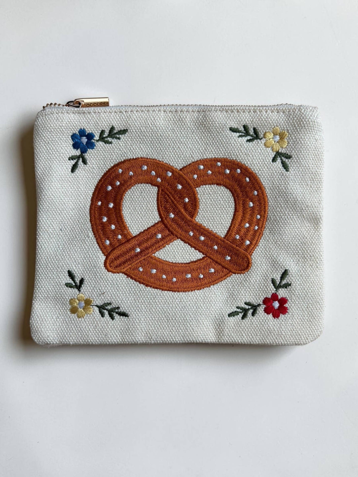 Pretzel Embroidery Floral Cream Pouch Jewelry Storage Wallet