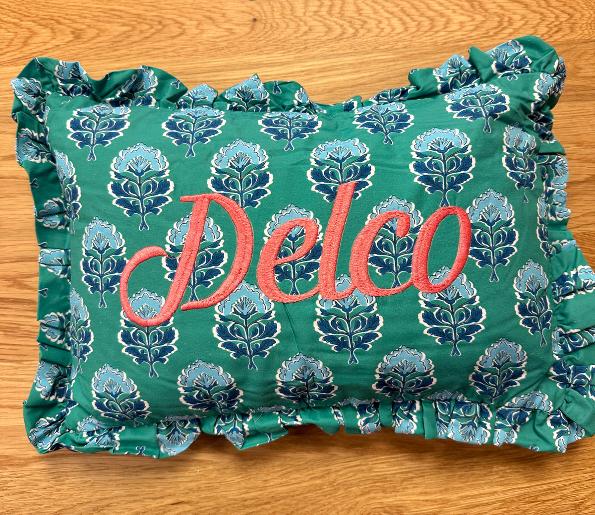 Place Ruffled Embroidered Pillow