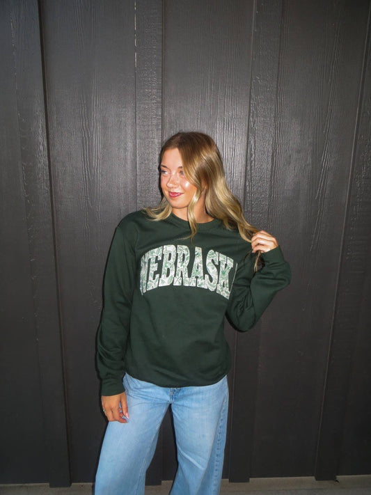 GREEN FLORAL FALL NEBRASKA - FOREST GREEN CREW