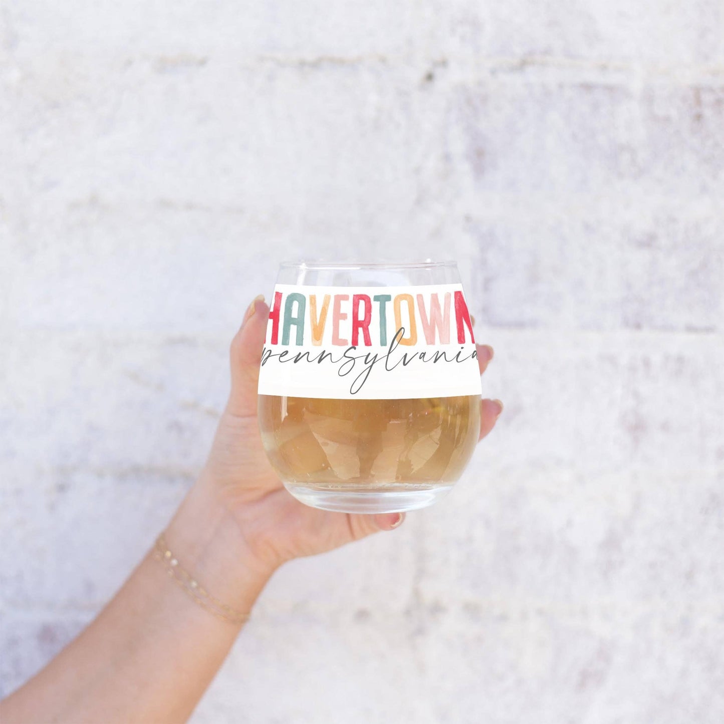 15oz Stemless Wine Glass-Watercolor City Havertown Pennsylvania