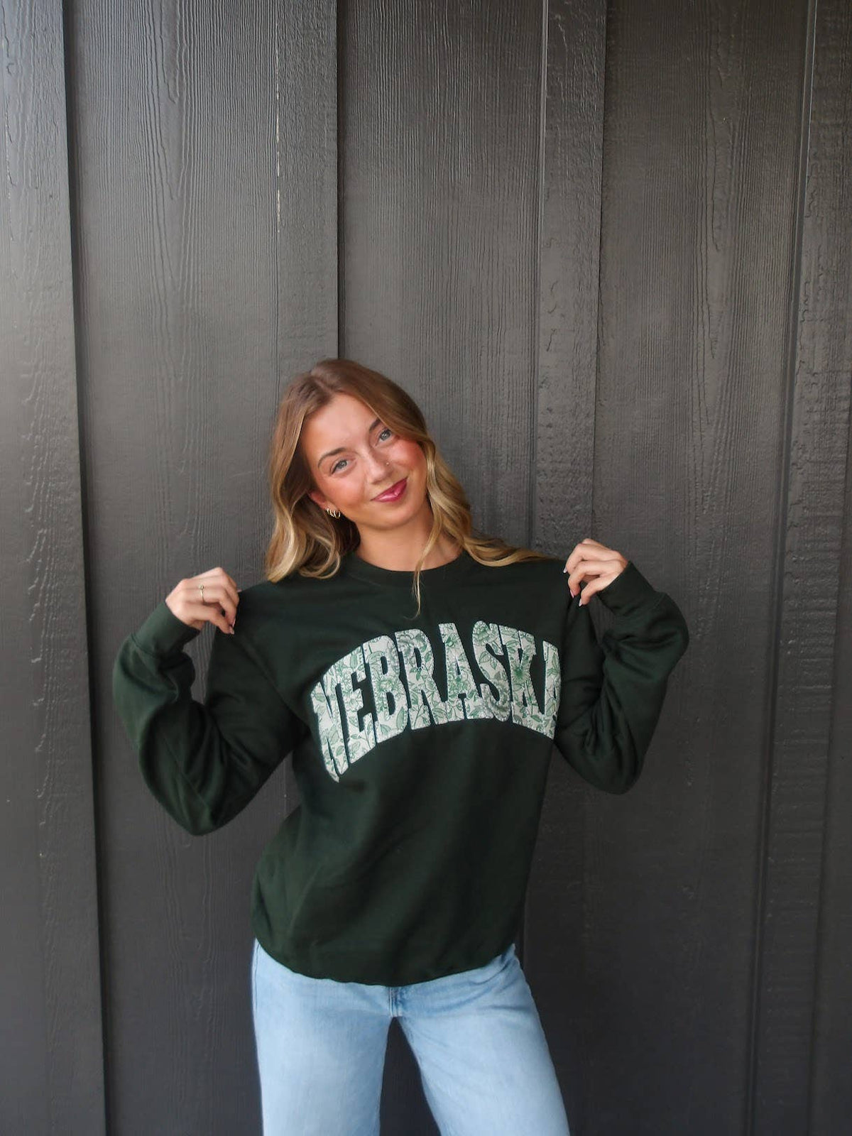GREEN FLORAL FALL NEBRASKA - FOREST GREEN CREW