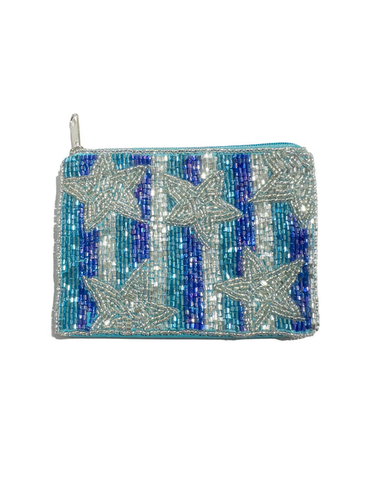 Blue Silver Stars Mini Beaded Coin Purse
