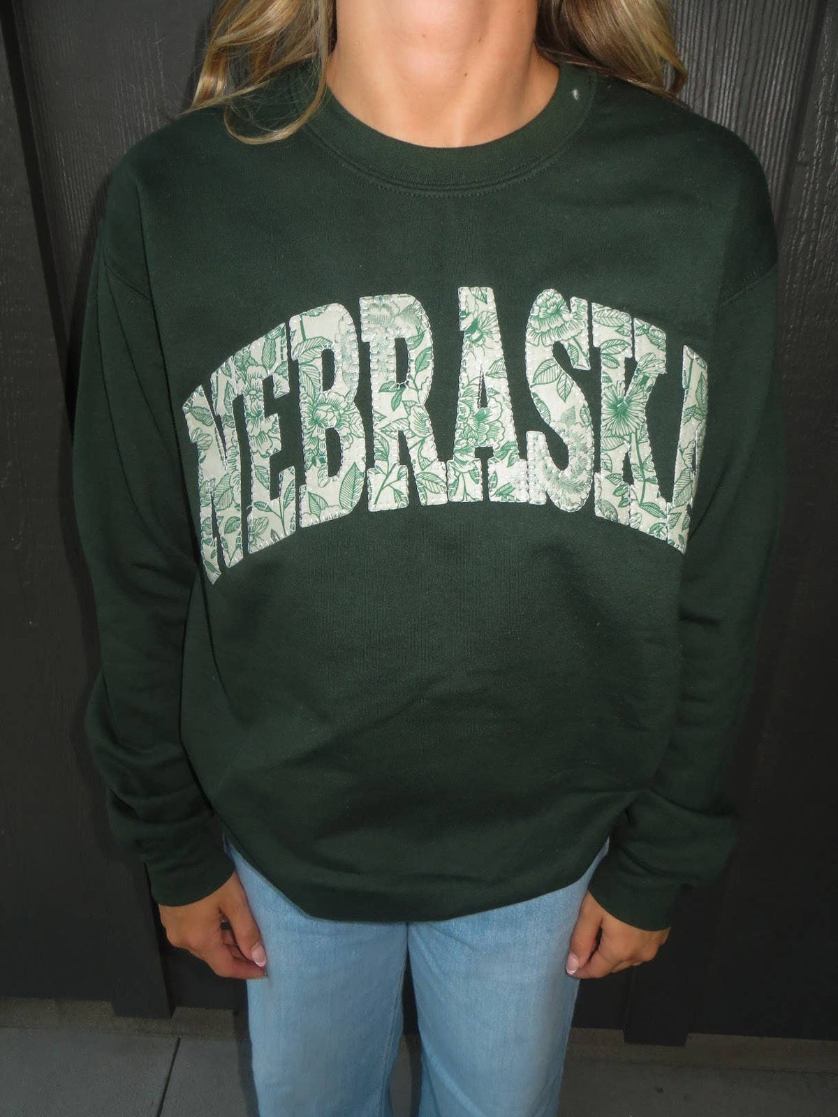 GREEN FLORAL FALL NEBRASKA - FOREST GREEN CREW